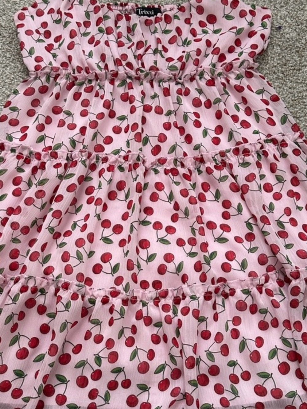 Trixxi Pink Cherry Print Tiered Babydoll Dress β Size M - Picture 2 of 11